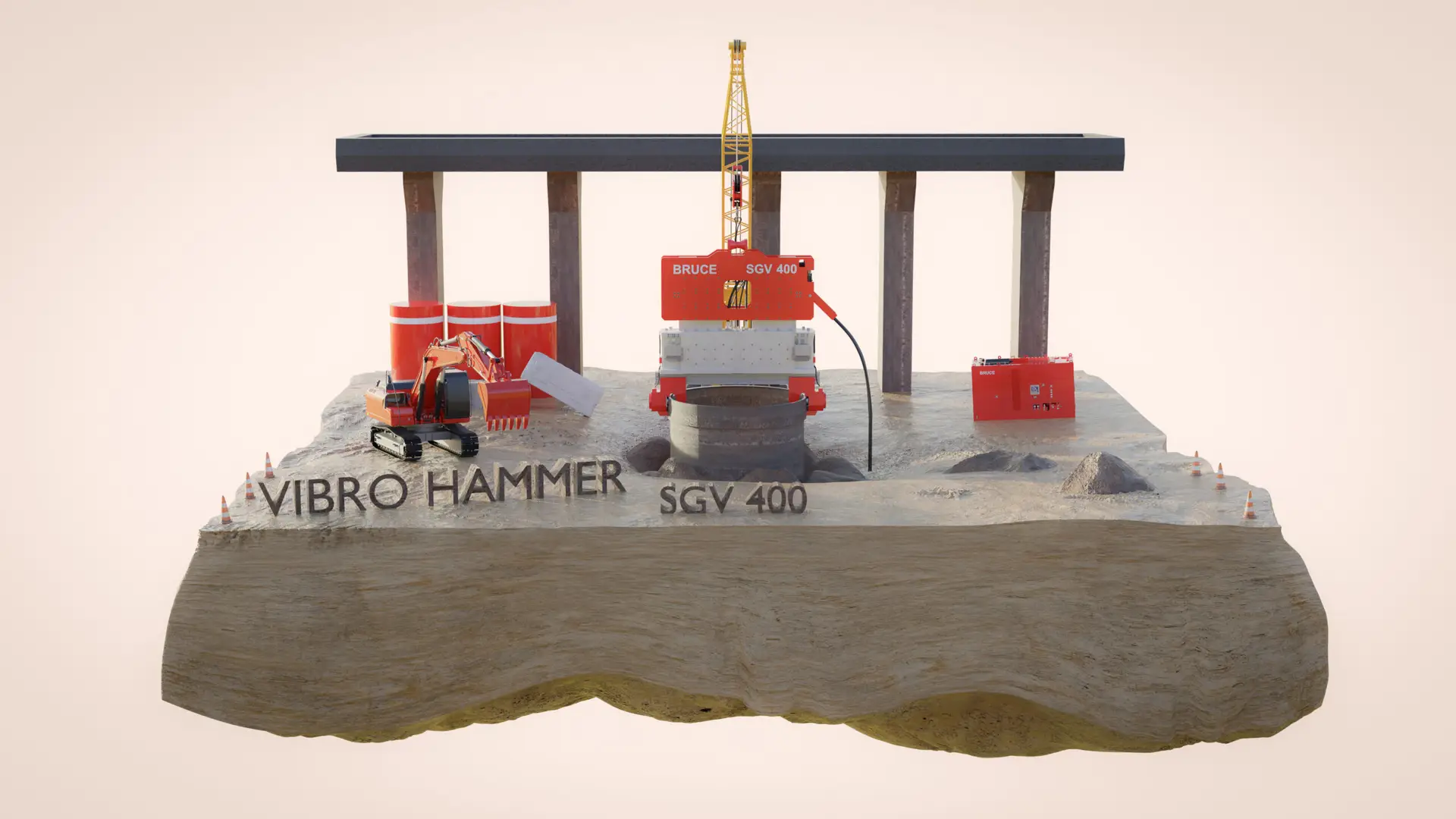 Miniature-style 3D construction site with a vibro hammer in action