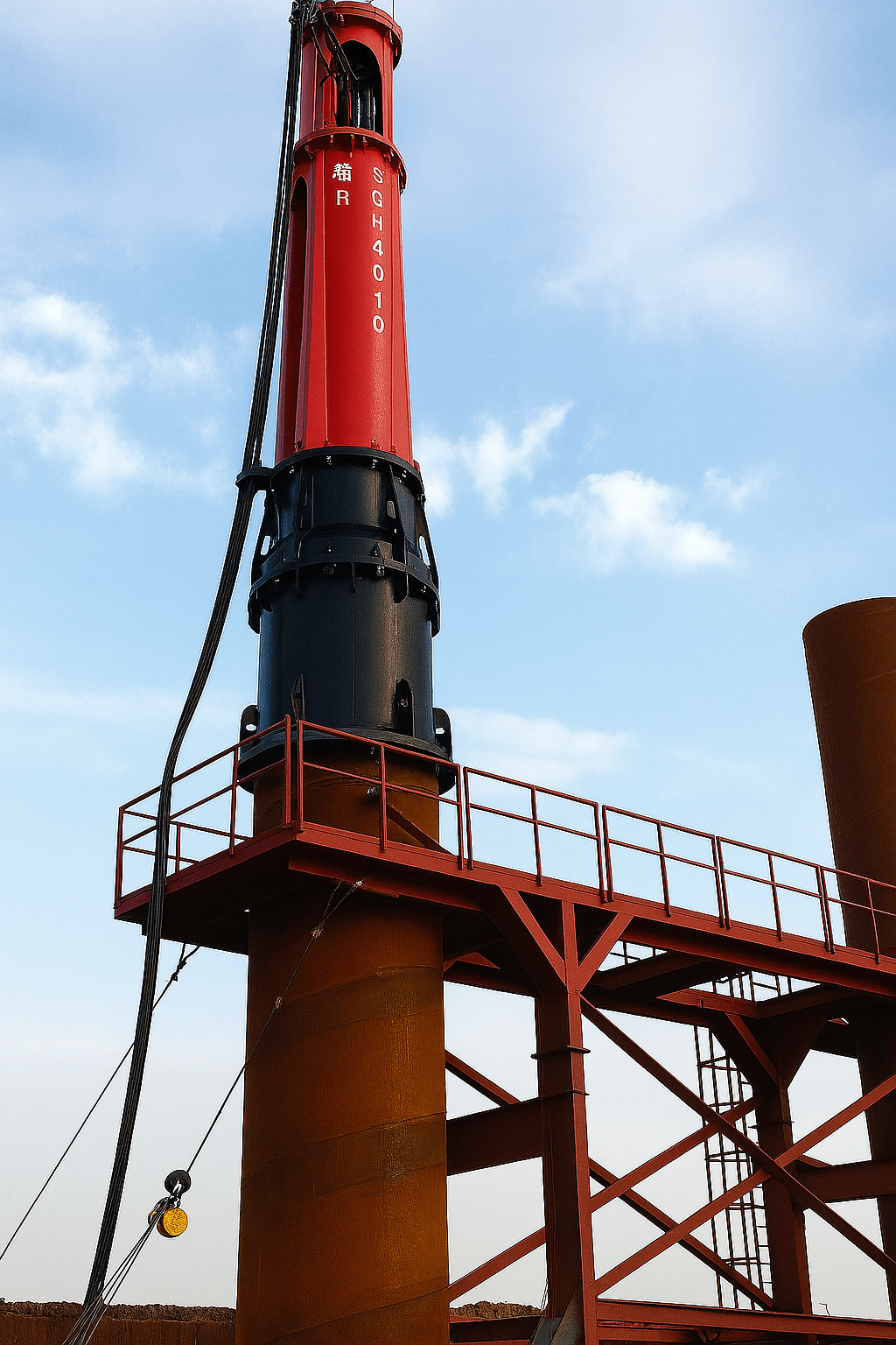 BRUCE hydraulic pile hammer driving steel casing pile at construction site