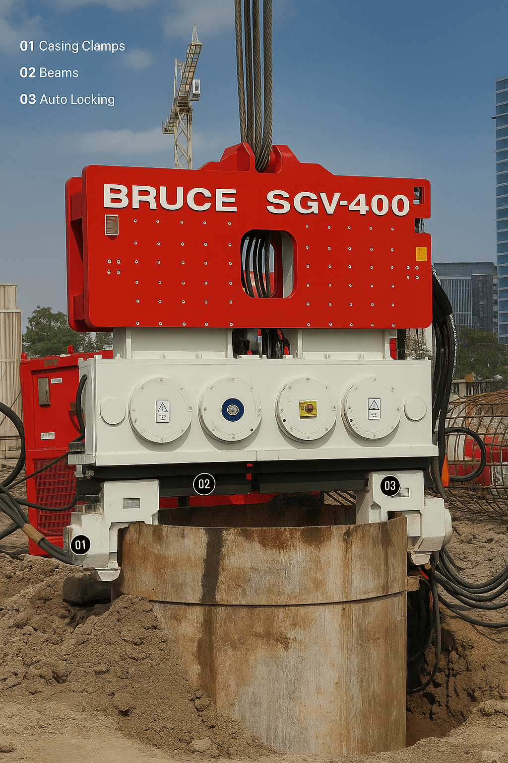 BRUCE vibro hammer SGV-400 driving sheet piles on U.S. bridge cofferdam—suppressor housing and remote pendant
