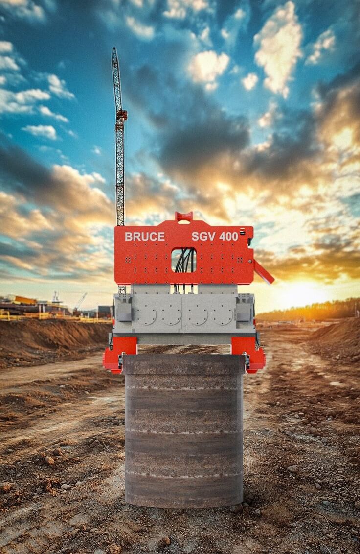 BRUCE vibro hammer driving sheet piles on a marine construction site