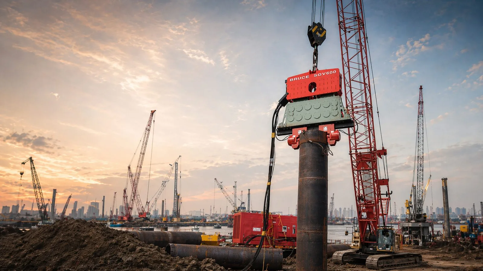BRUCE SGV600 hydraulic vibro hammer suspended from a crane at a pile driving site