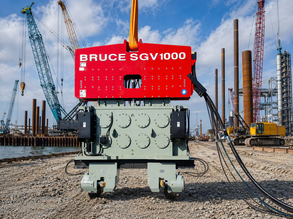 BRUCE SGV1000 vibro hammer at a foundation work site with crane access, steel piles, hydraulic hoses, and working-platform context