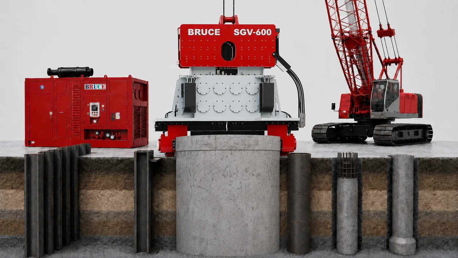 Foundation work cutaway with BRUCE-style vibro hammer, sheet pile wall, H-beam pile, pipe pile, casing pile, bored pile, crane, power pack, and soil layers