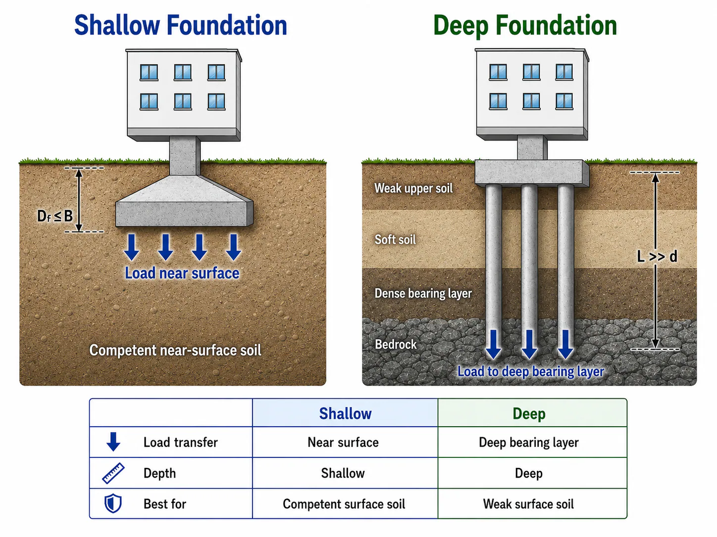Diagram comparing a shallow footing transferring load near the surface with deep piles transferring load to a deeper bearing layer
