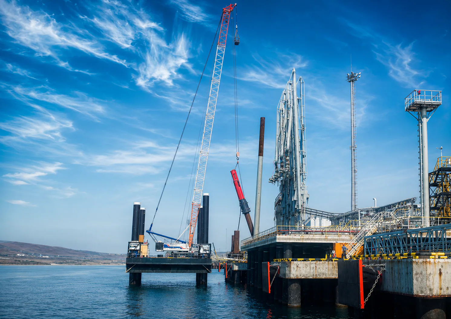 BRUCE hydraulic impact hammer and crane at a waterfront worksite beside piles and a platform