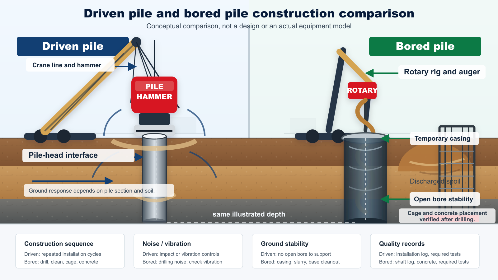 Conceptual comparison of driven pile installation and conventional bored pile construction
