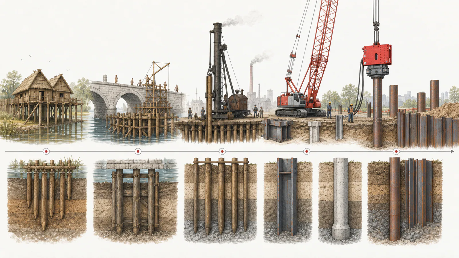 Conceptual illustration of timber pile history, powered hammers, and present-day steel pipe and sheet pile installation