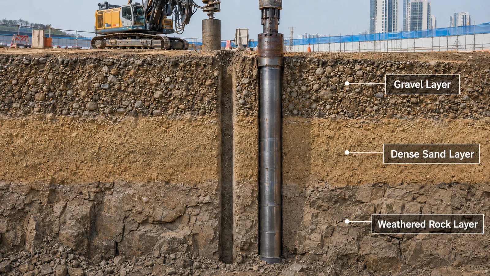 AI-generated conceptual predrilling cutaway showing drilling equipment and illustrative gravel, dense sand, and weathered rock, not a BRUCE machine or project photograph
