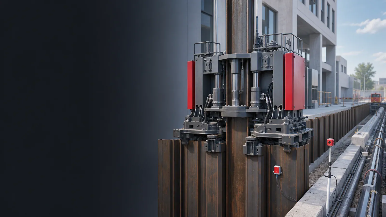 AI-generated conceptual illustration of static press-in piling, not a BRUCE machine or project photograph