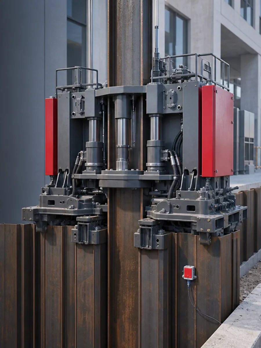 AI-generated conceptual illustration of static press-in piling, not a BRUCE machine or project photograph