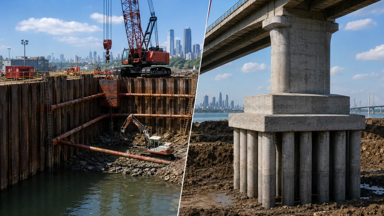 Conceptual illustration of sheet-pile excavation support and a bridge pile foundation
